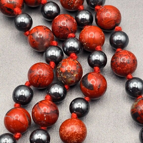 VTG Red Brecciated Jasper & Hematite Handtied Beaded Necklace 28" Natural Stone - Picture 2 of 7